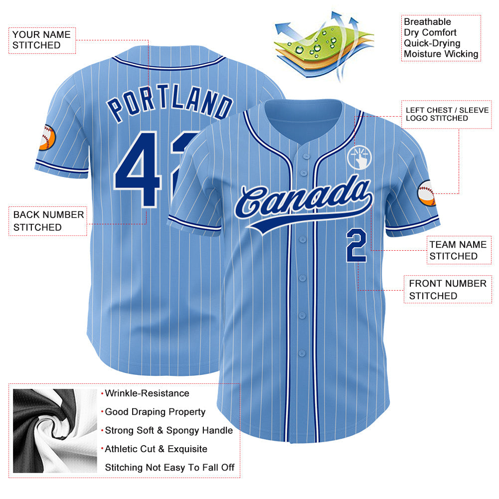 Custom Light Blue White Pinstripe Royal Authentic Baseball Jersey view 3
