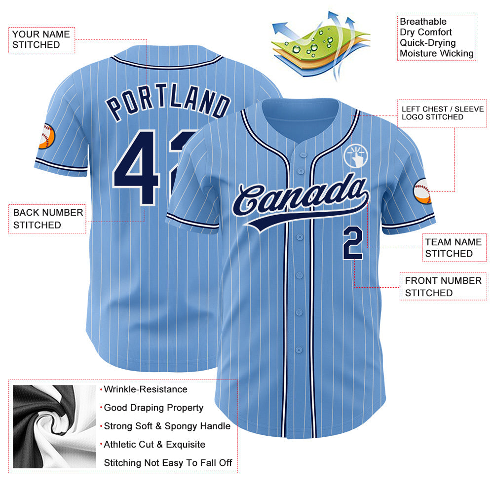 Custom Light Blue White Pinstripe Navy Authentic Baseball Jersey view 3
