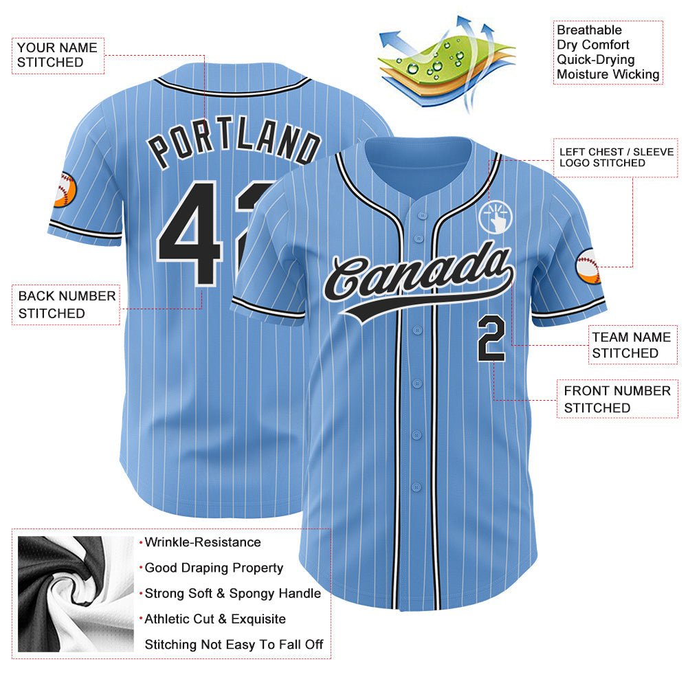 Custom Light Blue White Pinstripe Black Authentic Baseball Jersey view 3