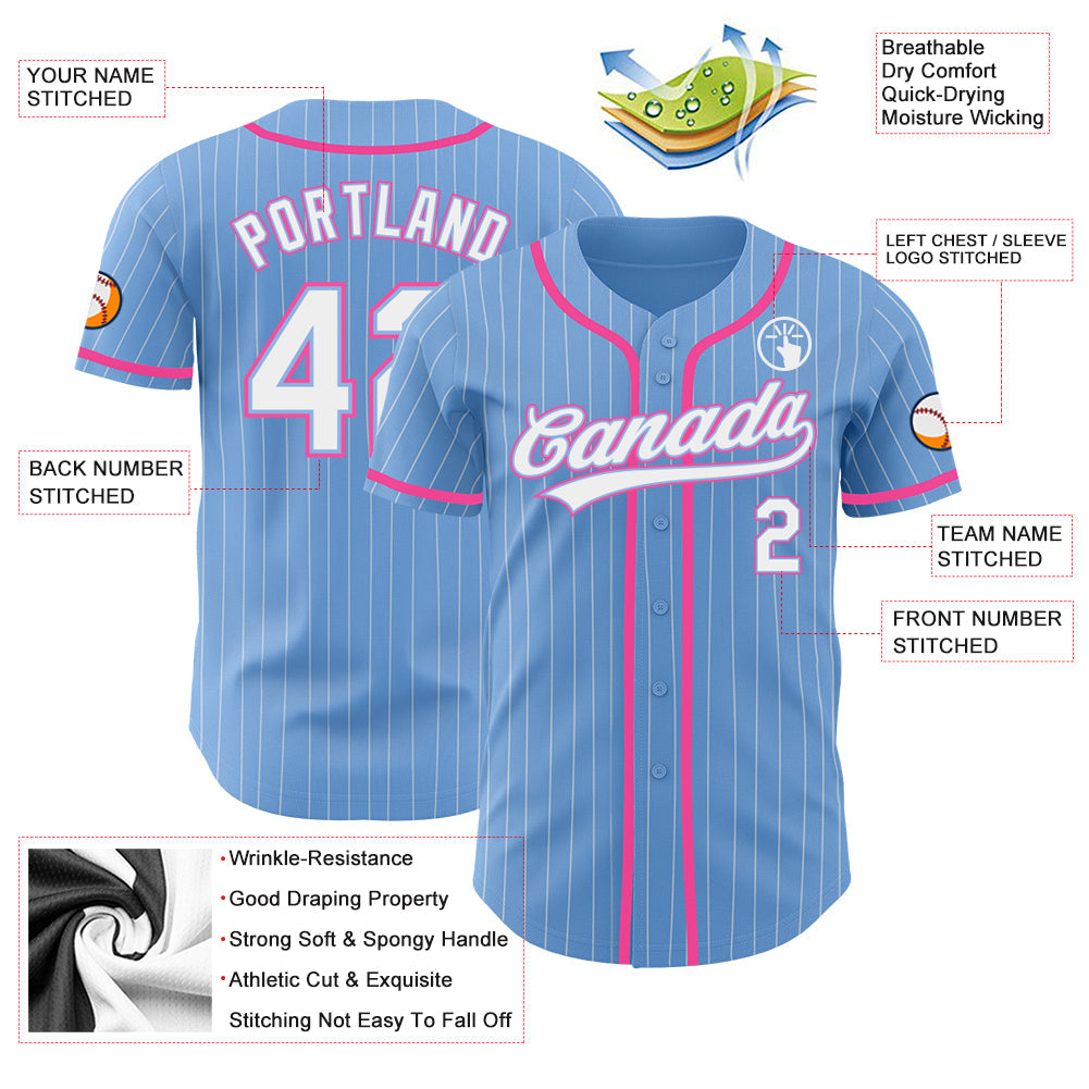 Custom Light Blue White Pinstripe Pink Authentic Baseball Jersey view 3