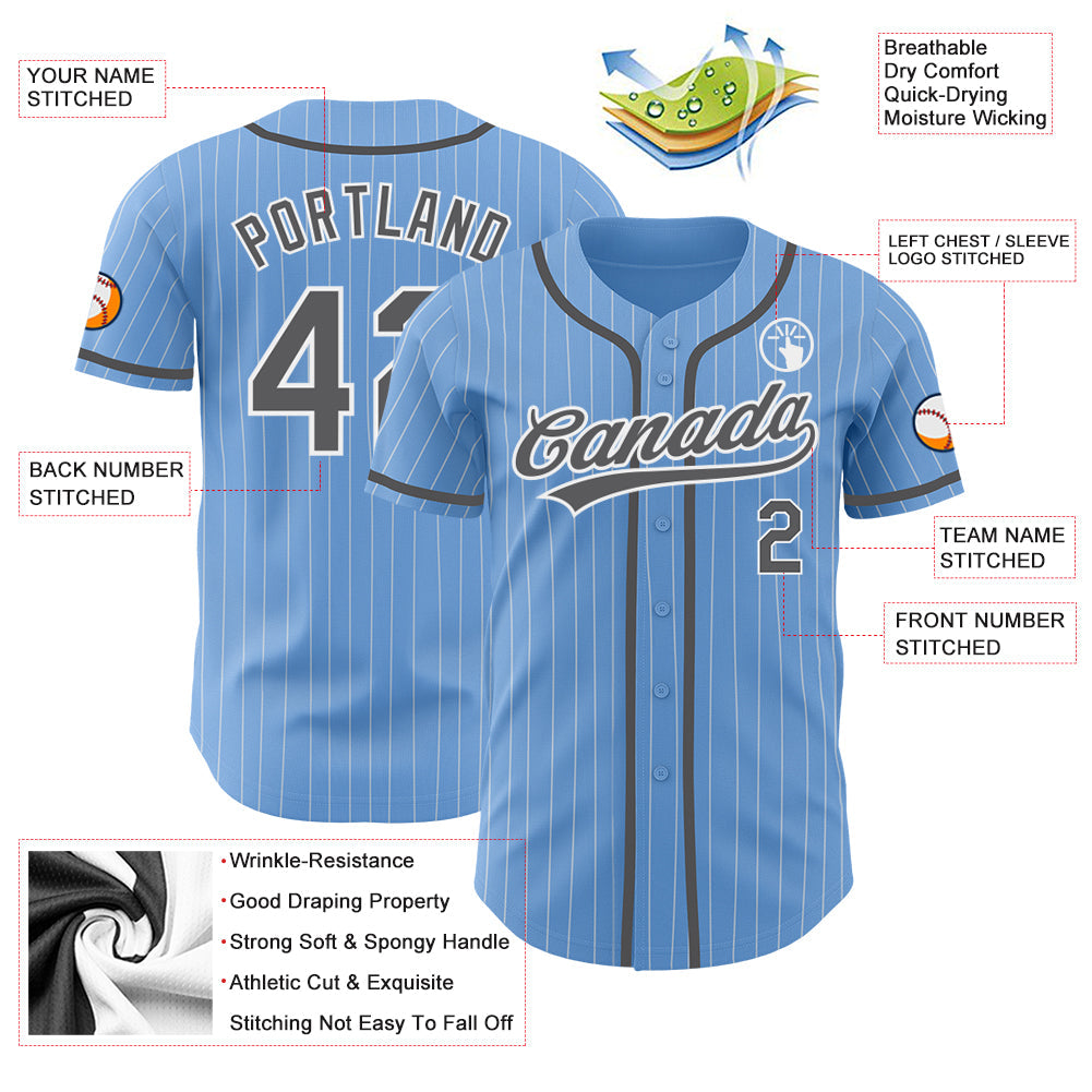Custom Light Blue White Pinstripe Steel Gray Authentic Baseball Jersey view 3