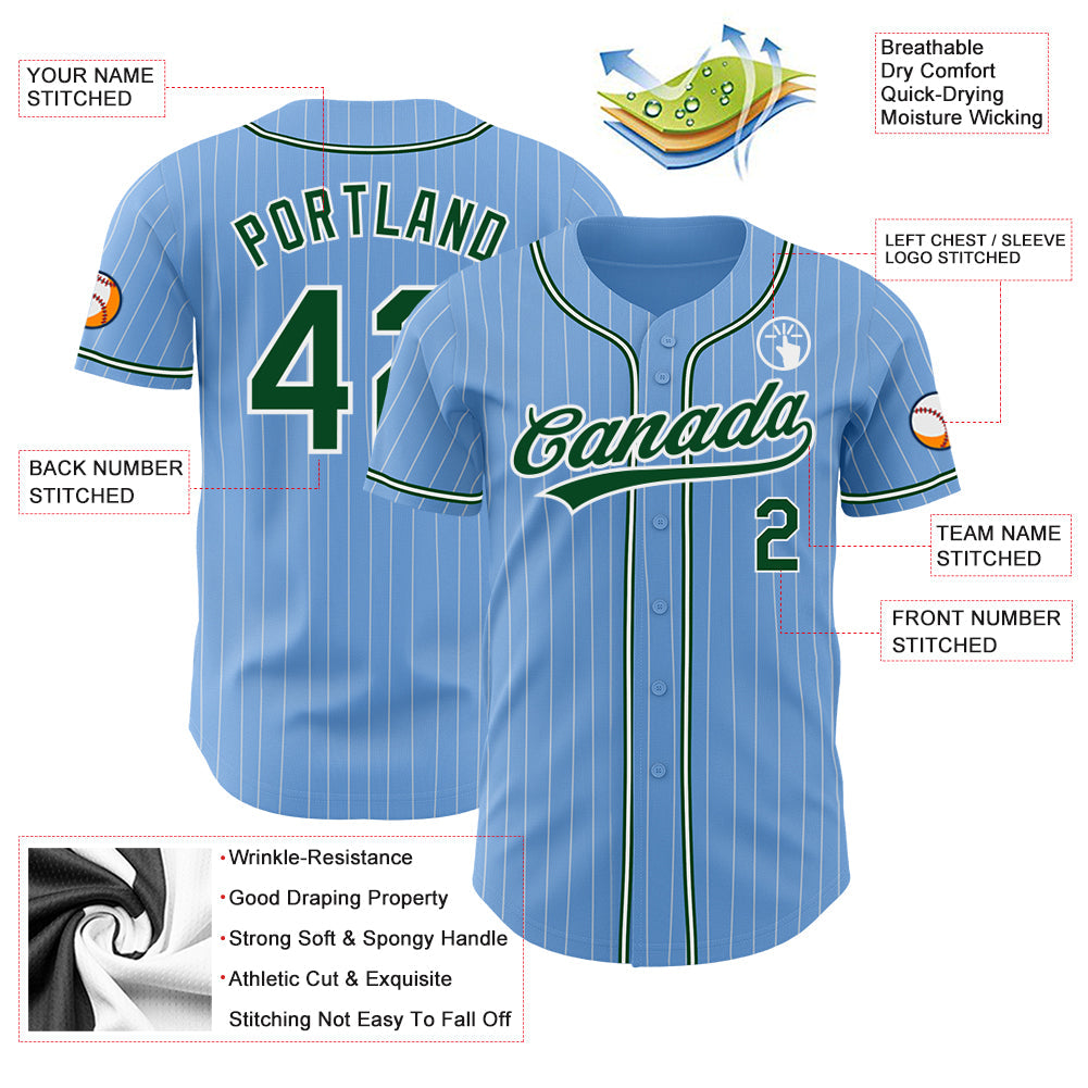 Custom Light Blue White Pinstripe Green Authentic Baseball Jersey view 3