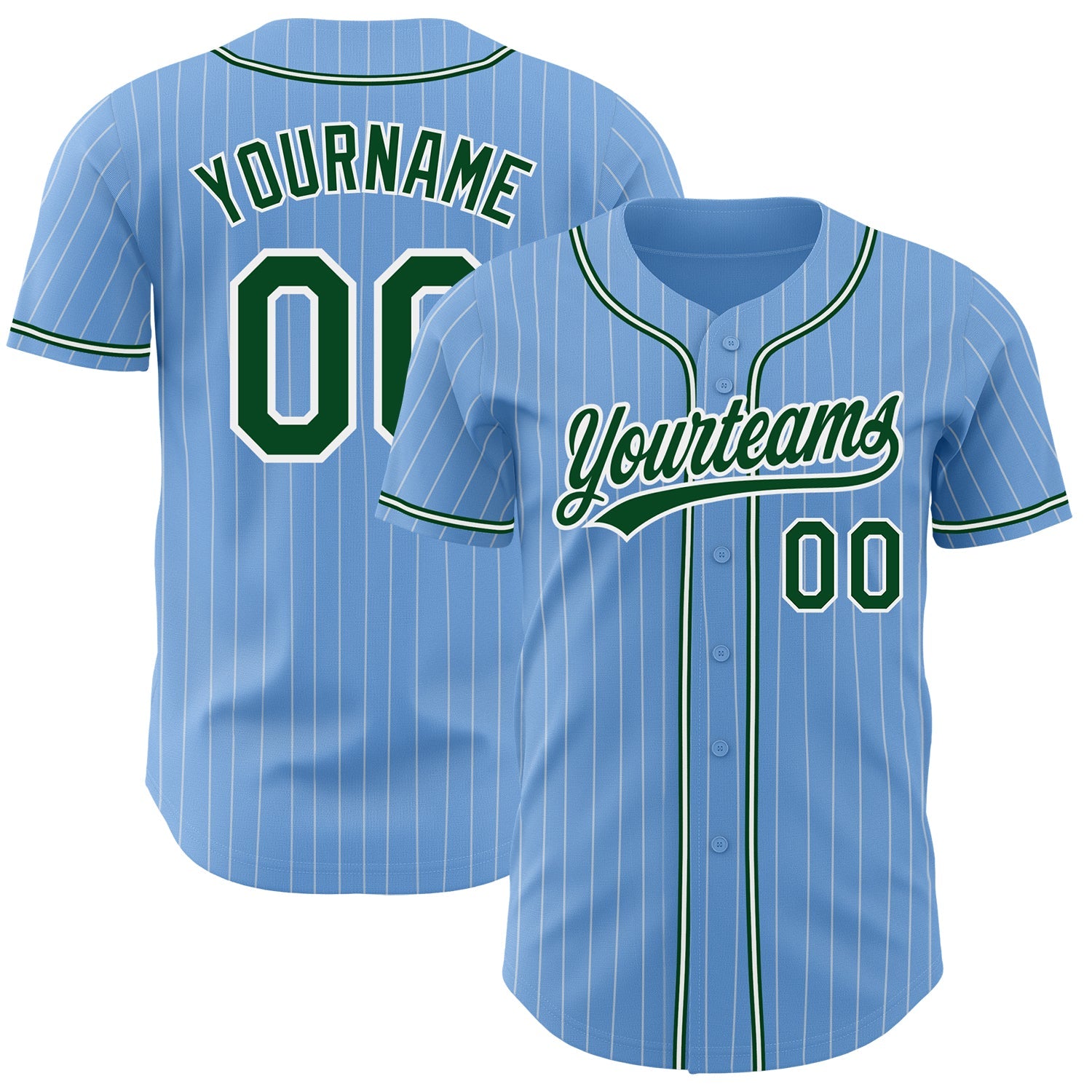 Custom Light Blue White Pinstripe Green Authentic Baseball Jersey - Main View