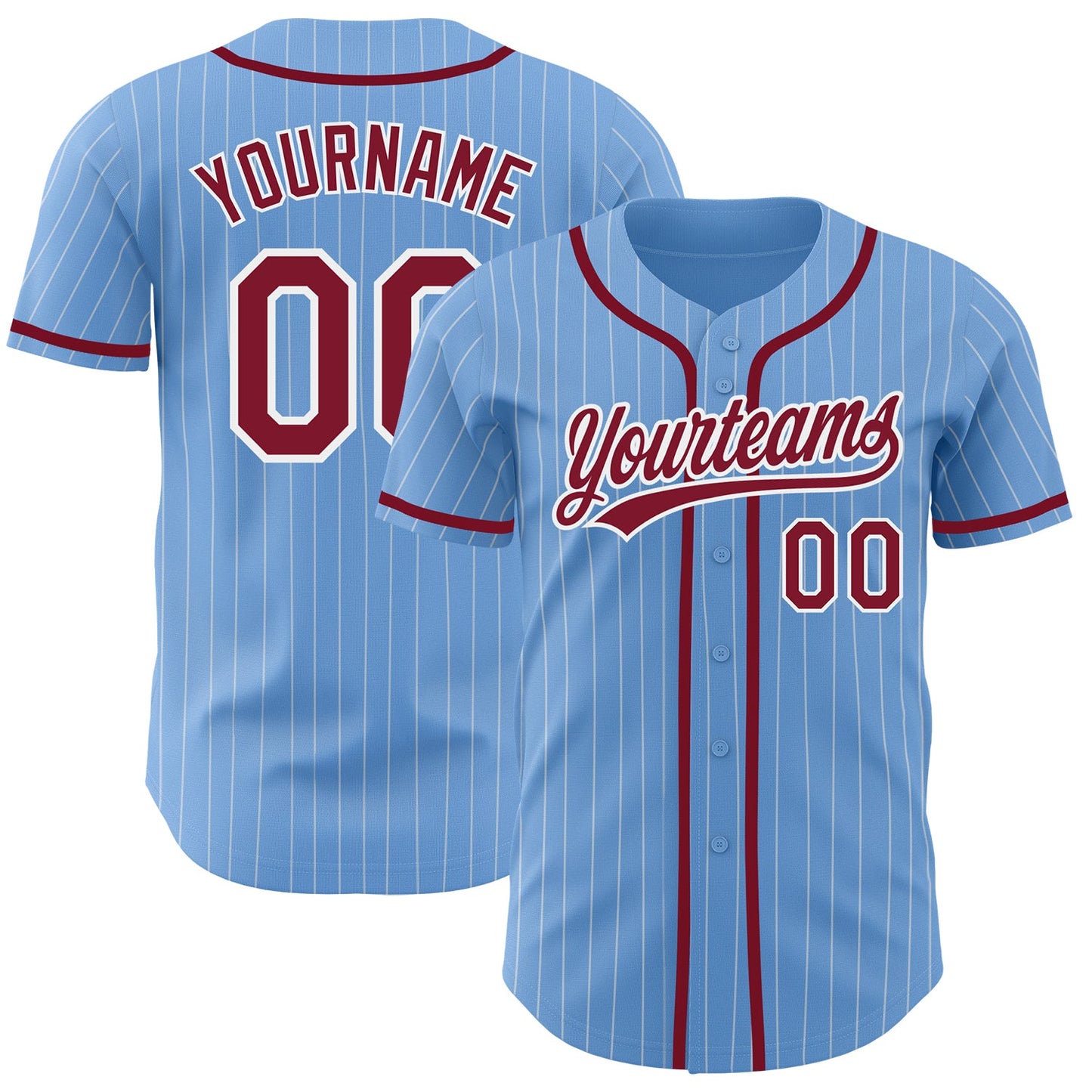 Custom Light Blue White Pinstripe Crimson Authentic Baseball Jersey - Main View