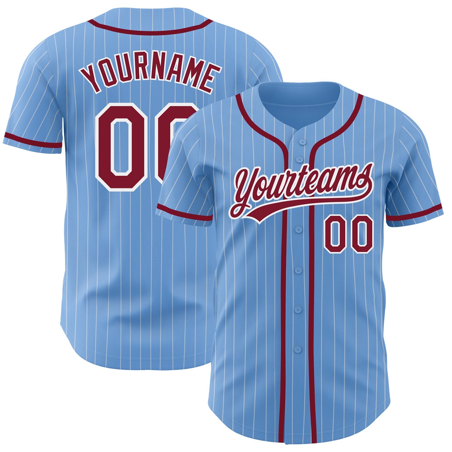 Custom Light Blue White Pinstripe Crimson Authentic Baseball Jersey - Main View