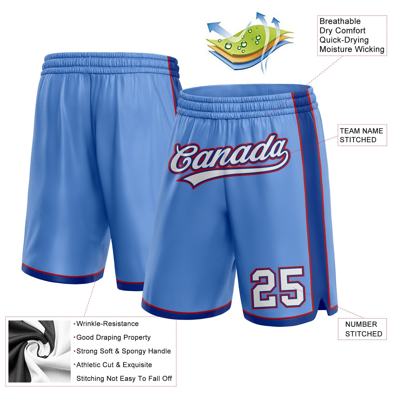 Custom Light Blue White Royal-Red Authentic Basketball Shorts view 2