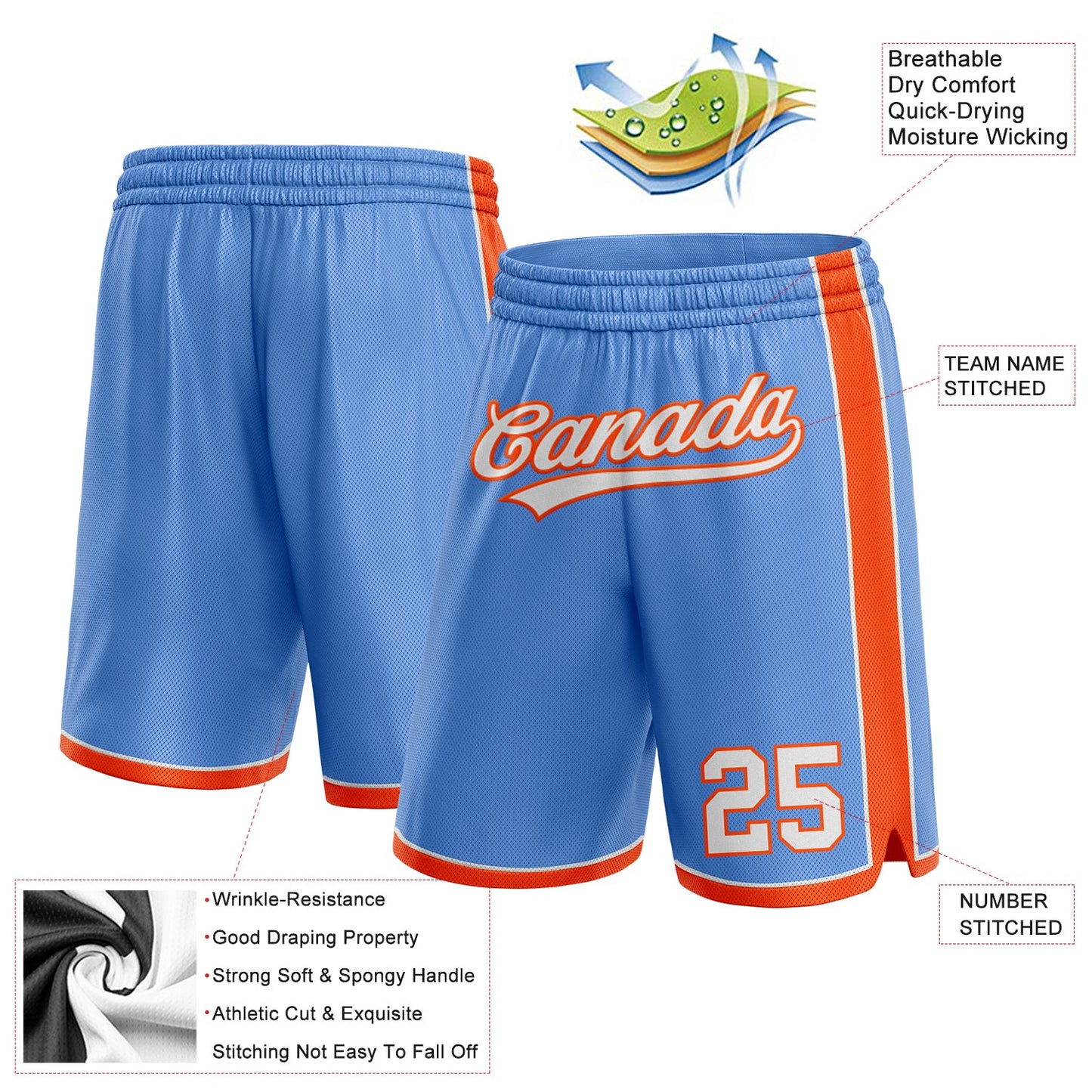 Custom Light Blue White-Orange Authentic Basketball Shorts view 2