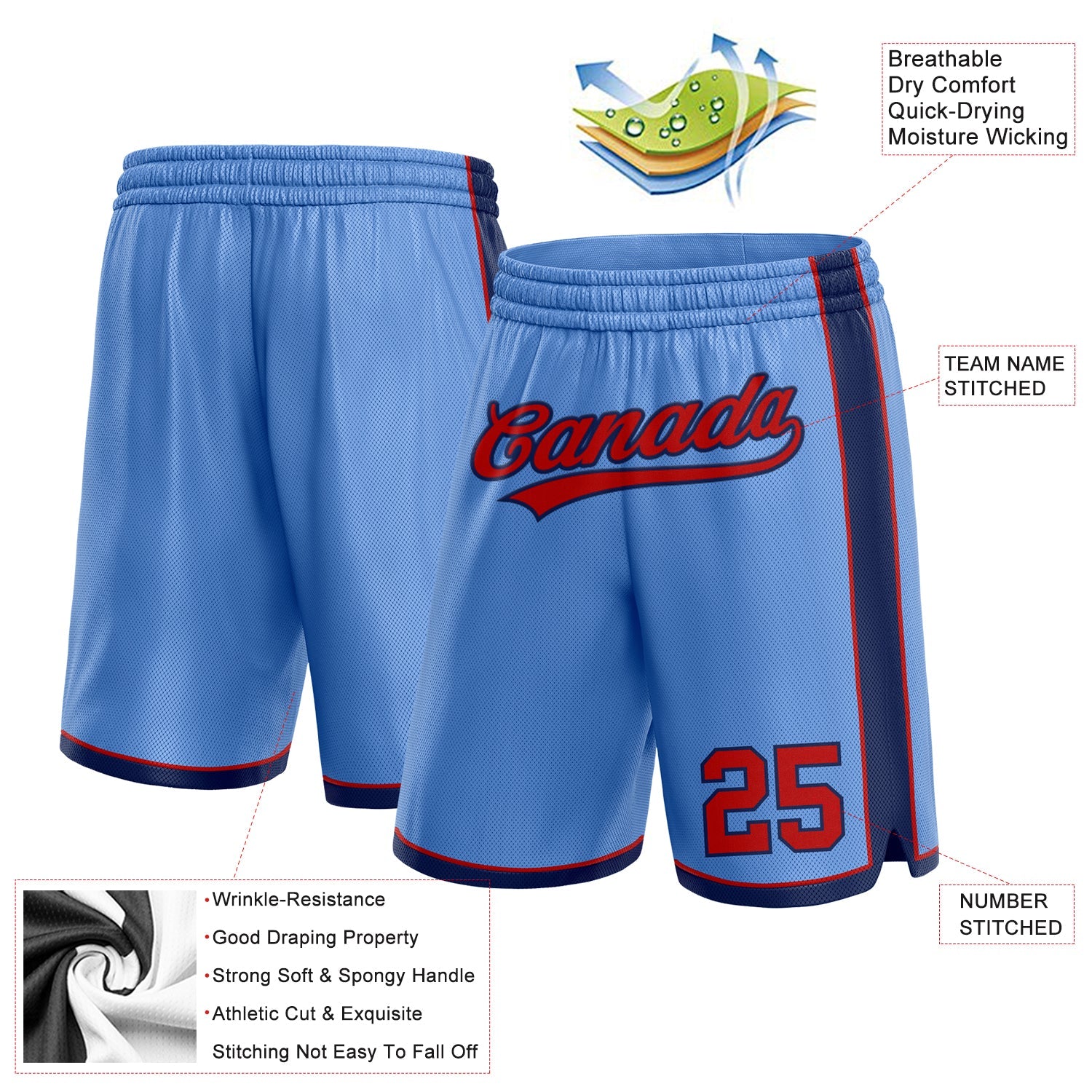 Custom Light Blue Red-Navy Authentic Basketball Shorts view 2