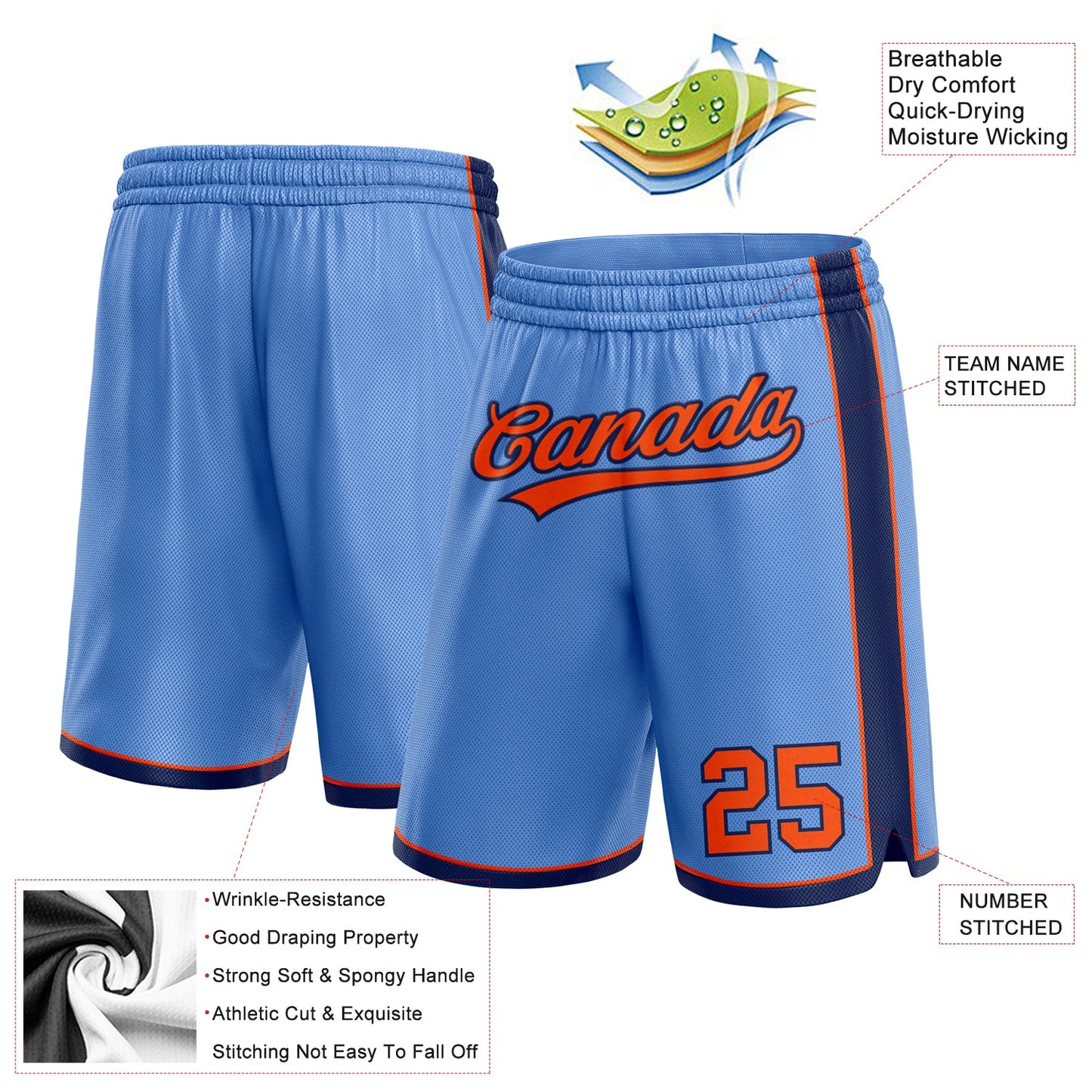 Custom Light Blue Orange-Navy Authentic Basketball Shorts view 2