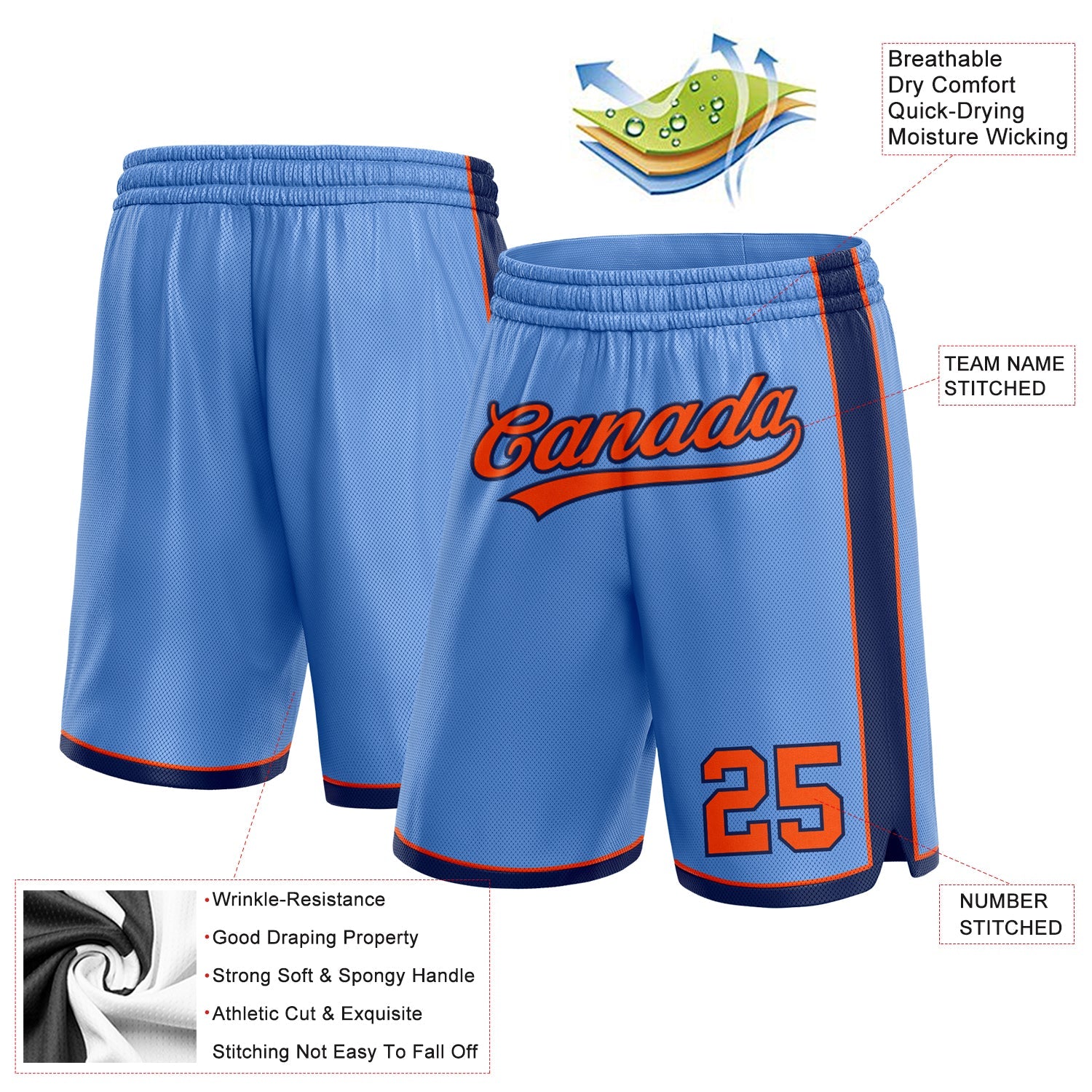Custom Light Blue Orange-Navy Authentic Basketball Shorts view 2