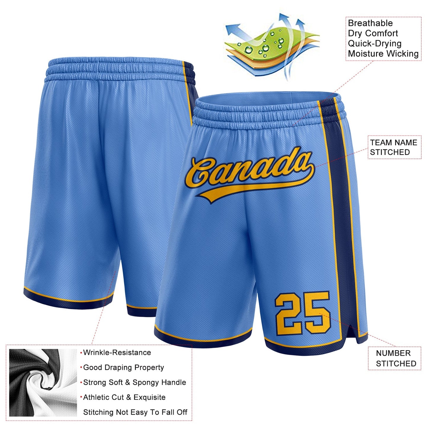 Custom Light Blue Gold-Navy Authentic Basketball Shorts view 2