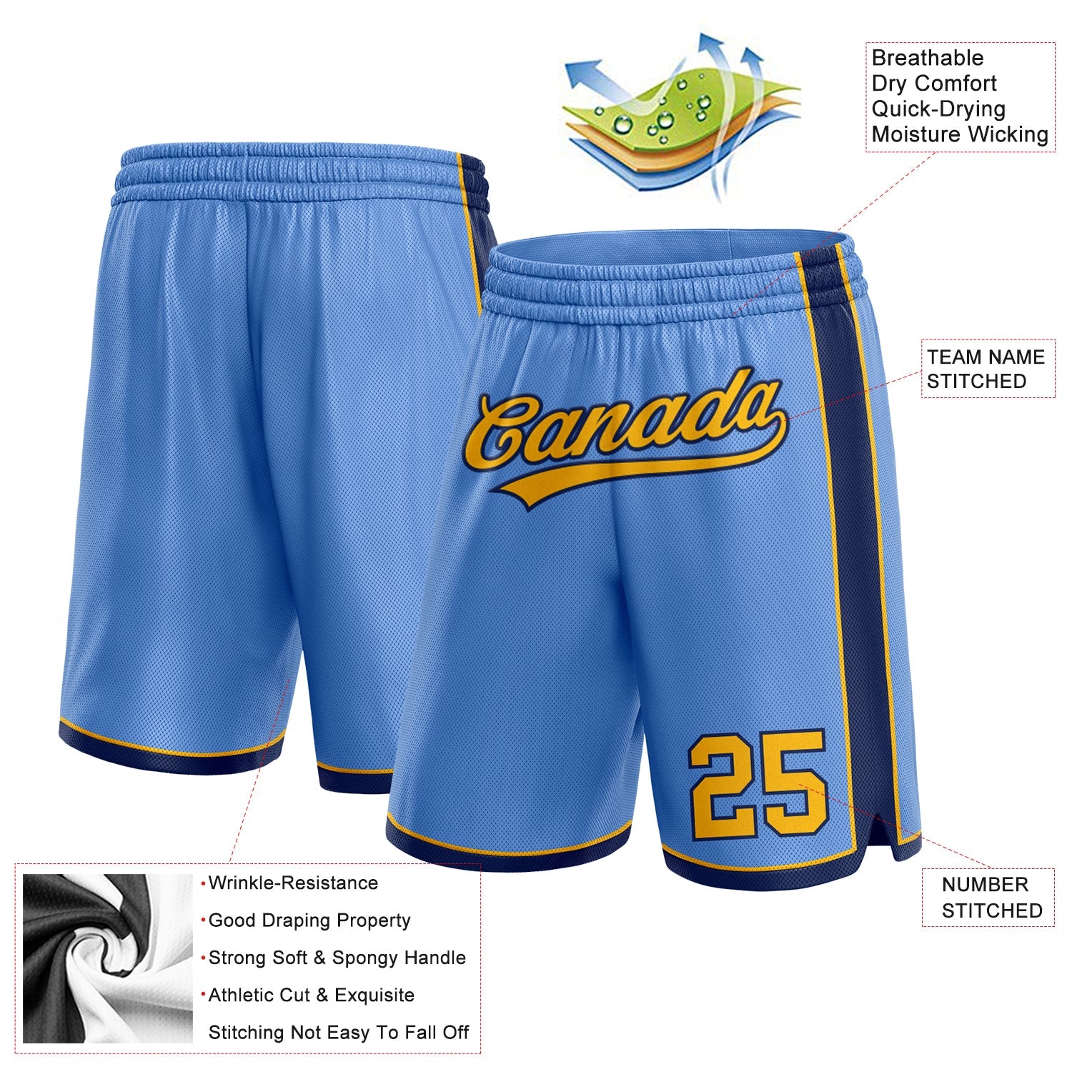 Custom Light Blue Gold-Navy Authentic Basketball Shorts view 2