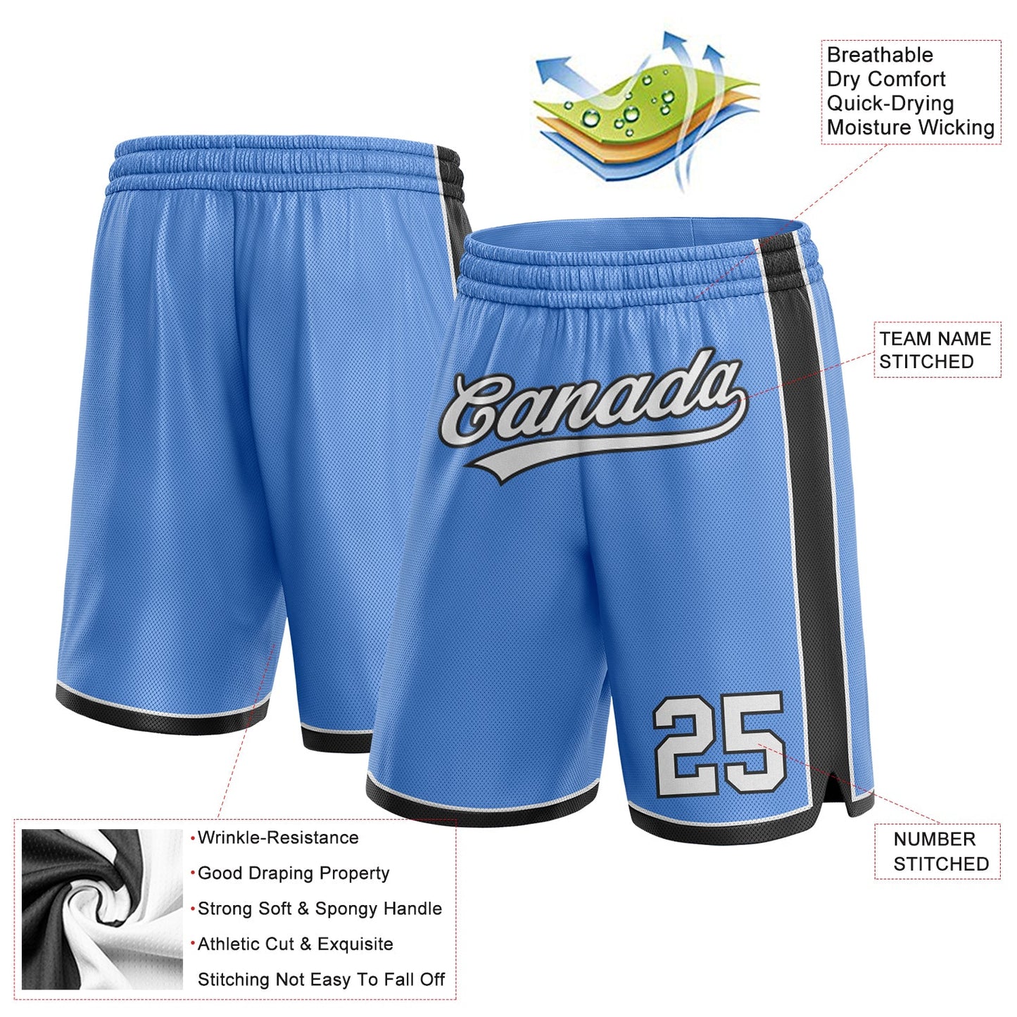 Custom Light Blue White-Black Authentic Basketball Shorts view 2
