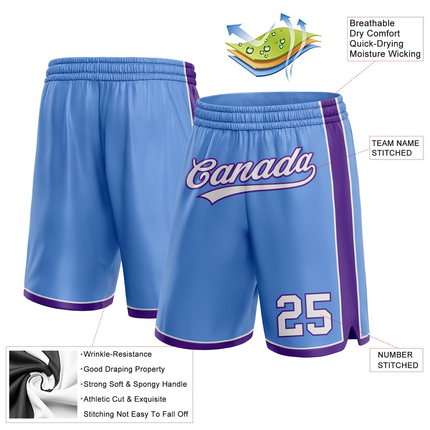 Custom Light Blue White-Purple Authentic Basketball Shorts view 2
