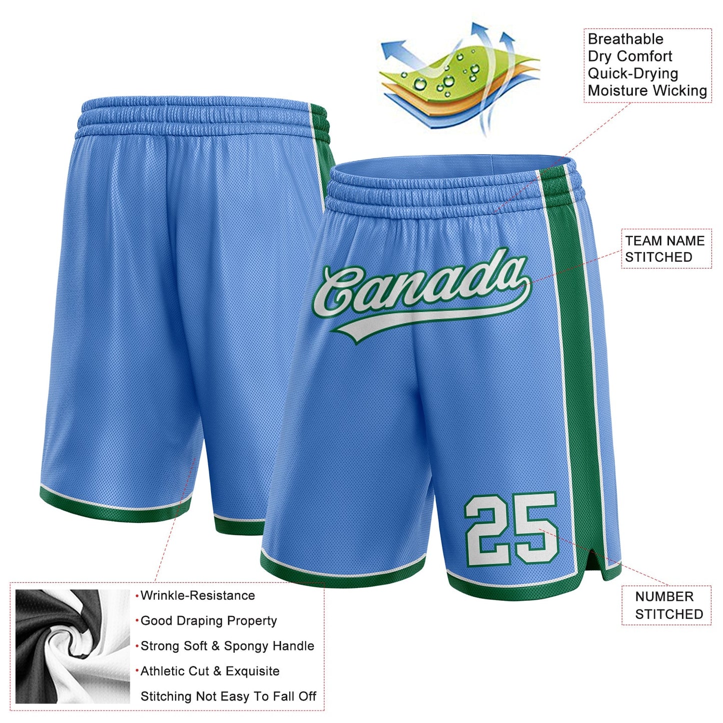 Custom Light Blue White-Kelly Green Authentic Basketball Shorts view 2