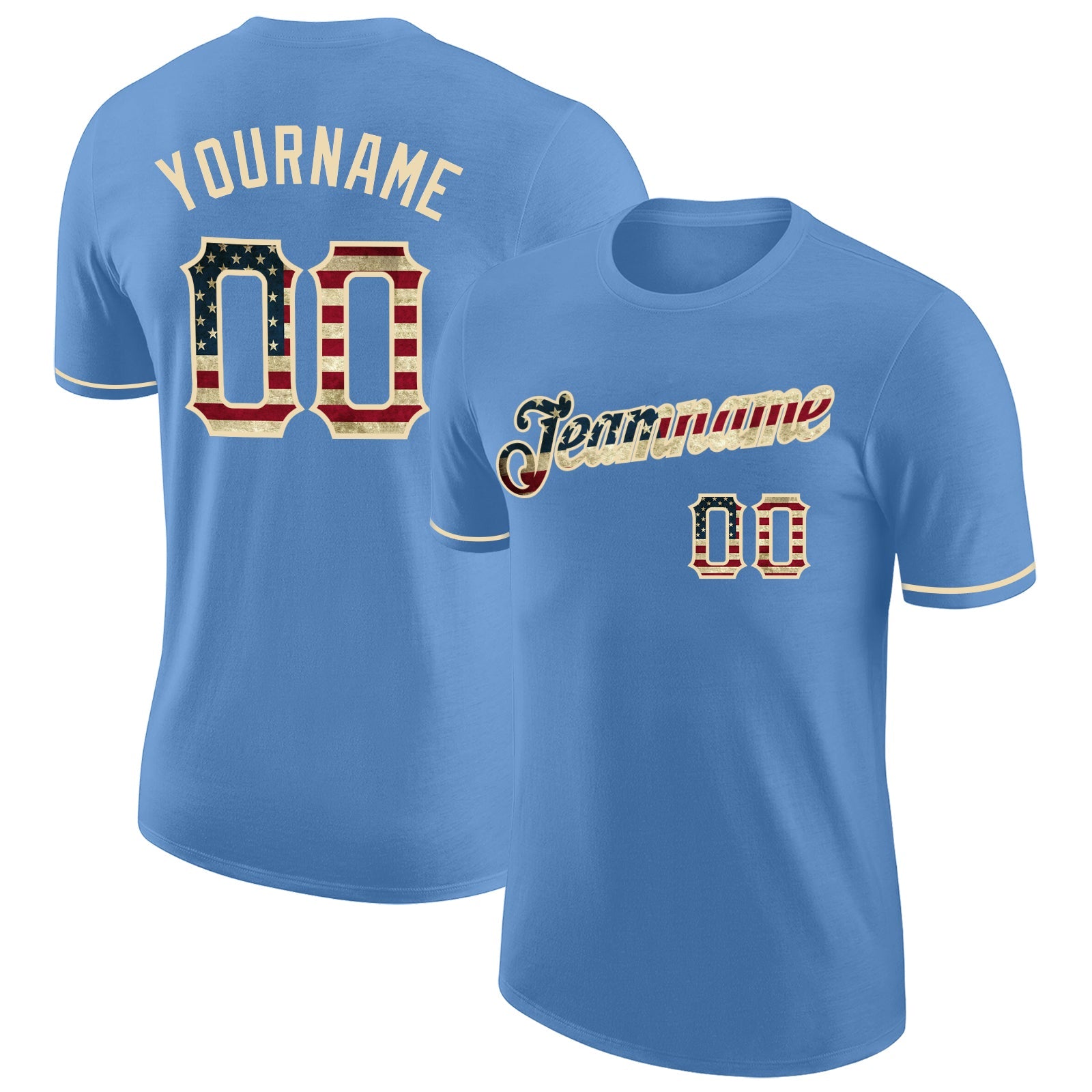 Custom Light Blue Vintage USA Flag-City Cream Performance T-Shirt - Main View