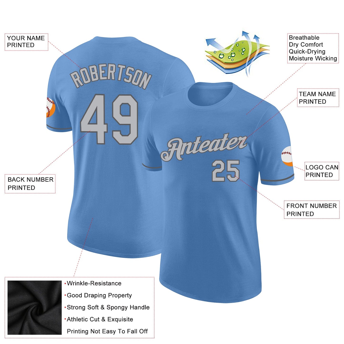 Custom Light Blue Gray-Steel Gray Performance T-Shirt view 2