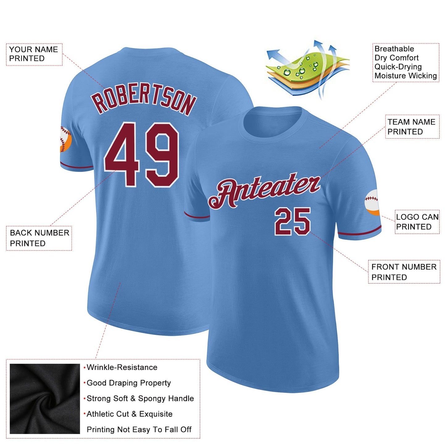 Custom Light Blue Crimson-White Performance T-Shirt view 2