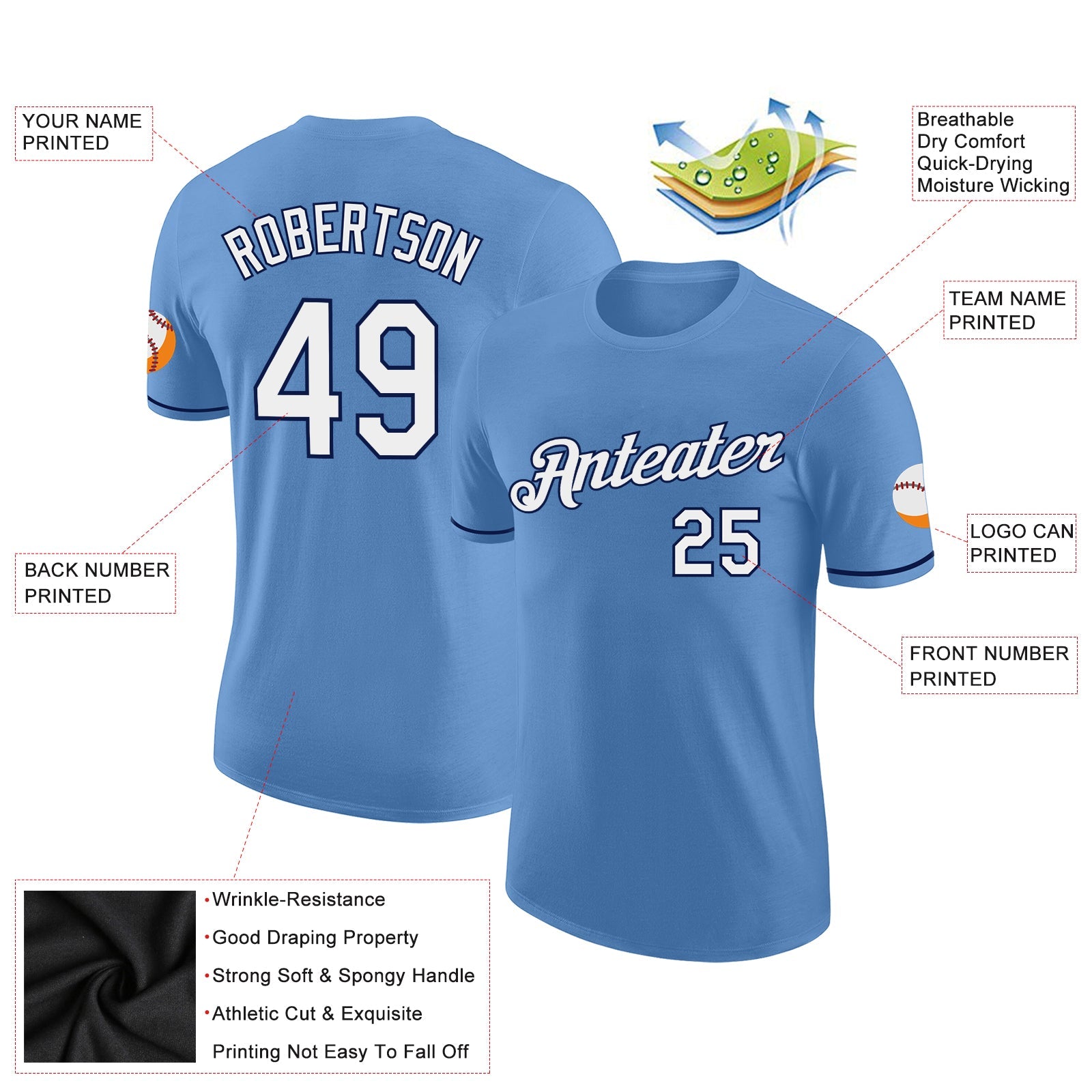 Custom Light Blue White-Navy Performance T-Shirt view 2