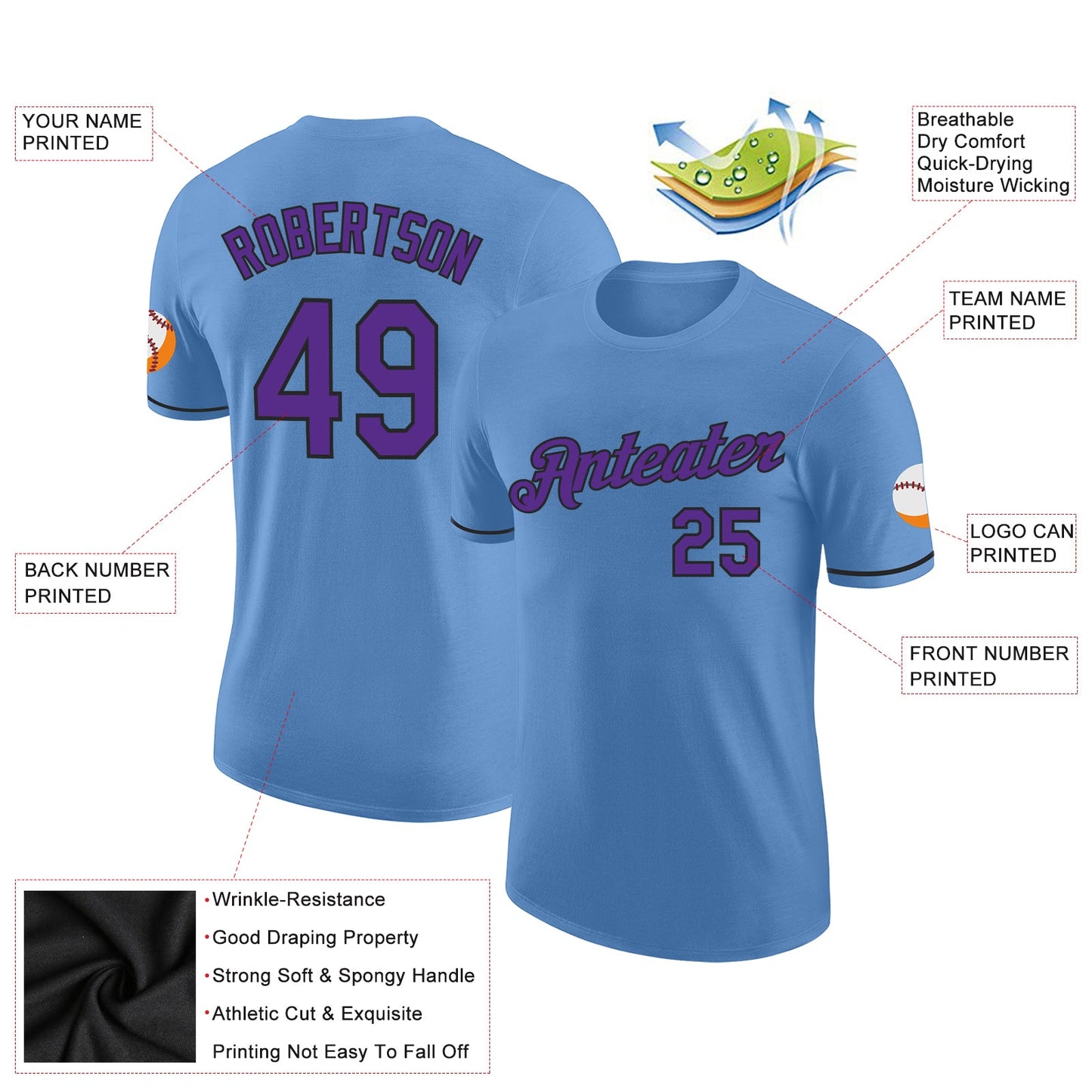 Custom Light Blue Purple-Black Performance T-Shirt view 2