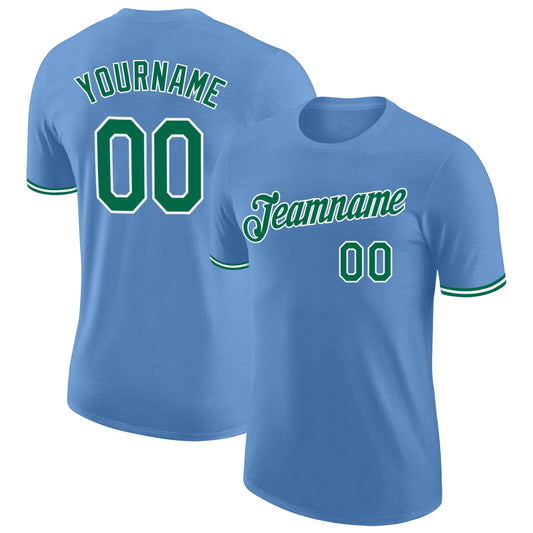 Custom Light Blue Kelly Green-White Performance T-Shirt - Main View
