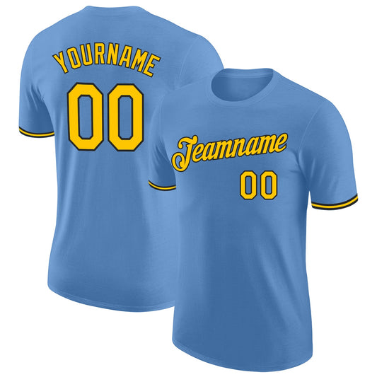 Custom Light Blue Yellow-Black Performance T-Shirt - Main View