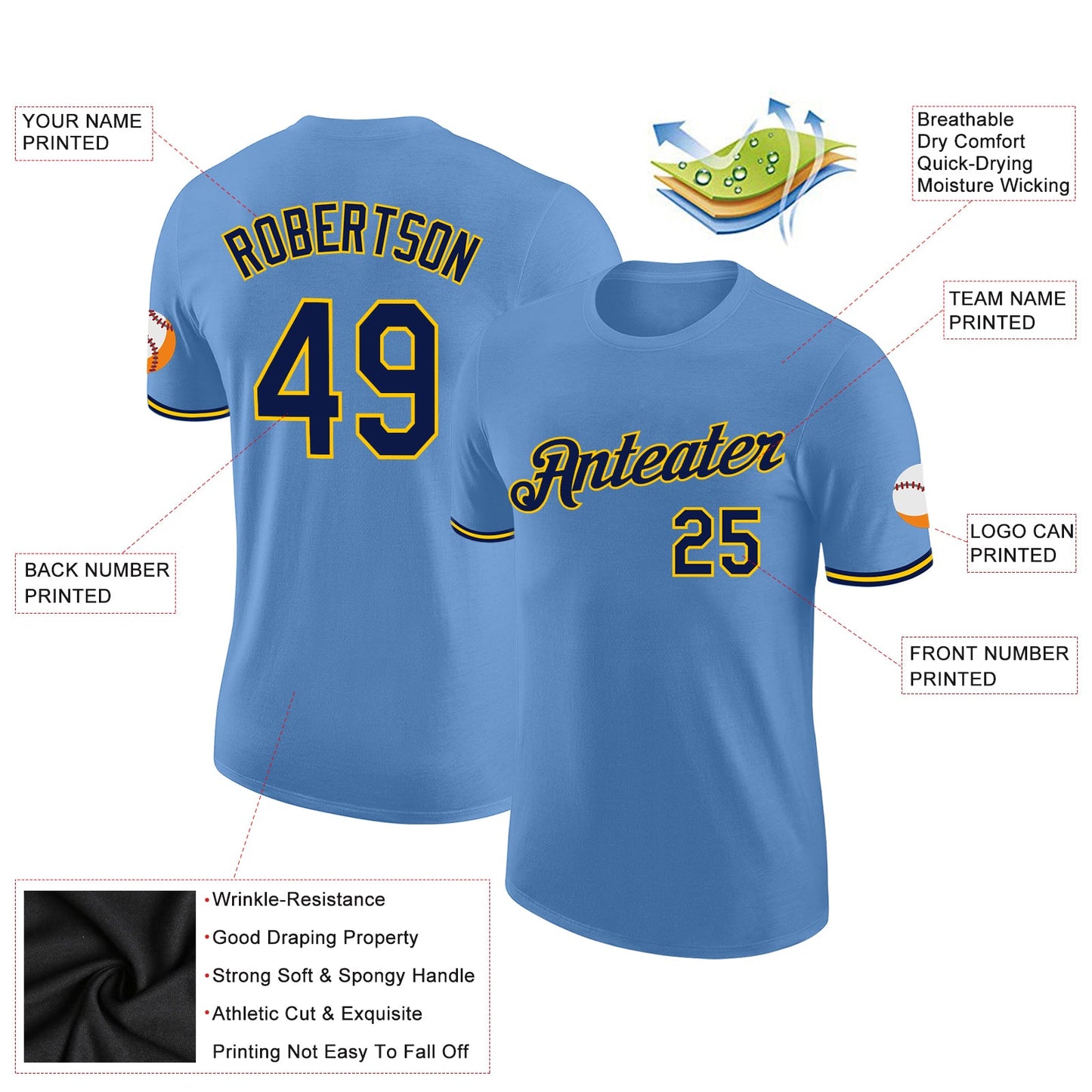 Custom Light Blue Navy-Yellow Performance T-Shirt view 2