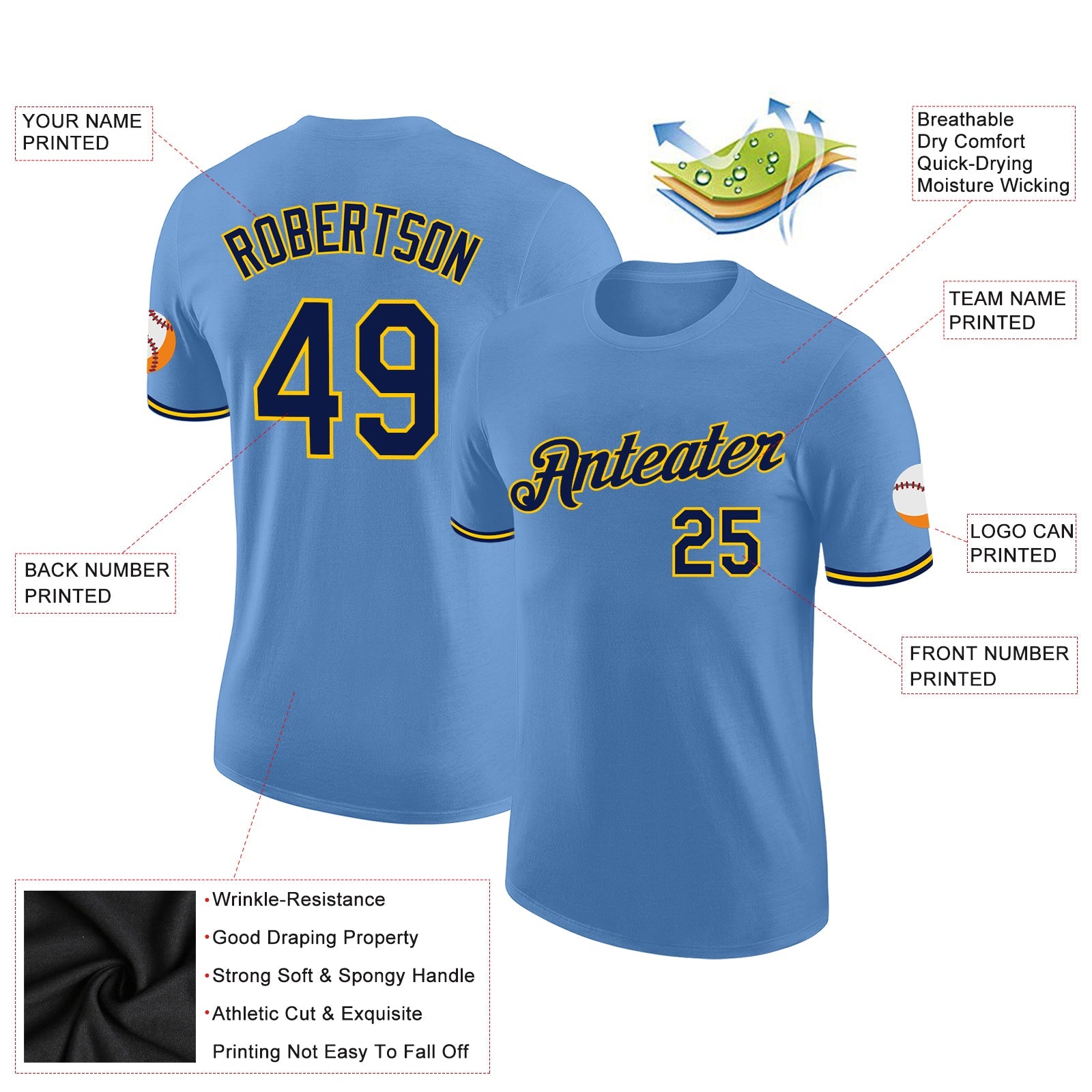 Custom Light Blue Navy-Yellow Performance T-Shirt view 2