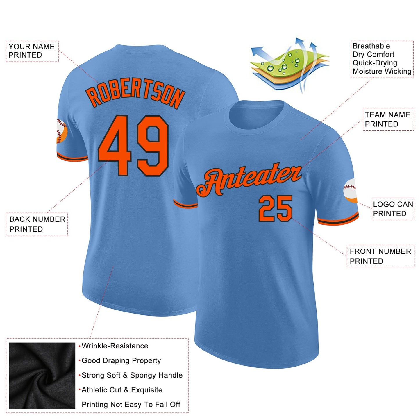 Custom Light Blue Orange-Black Performance T-Shirt view 2