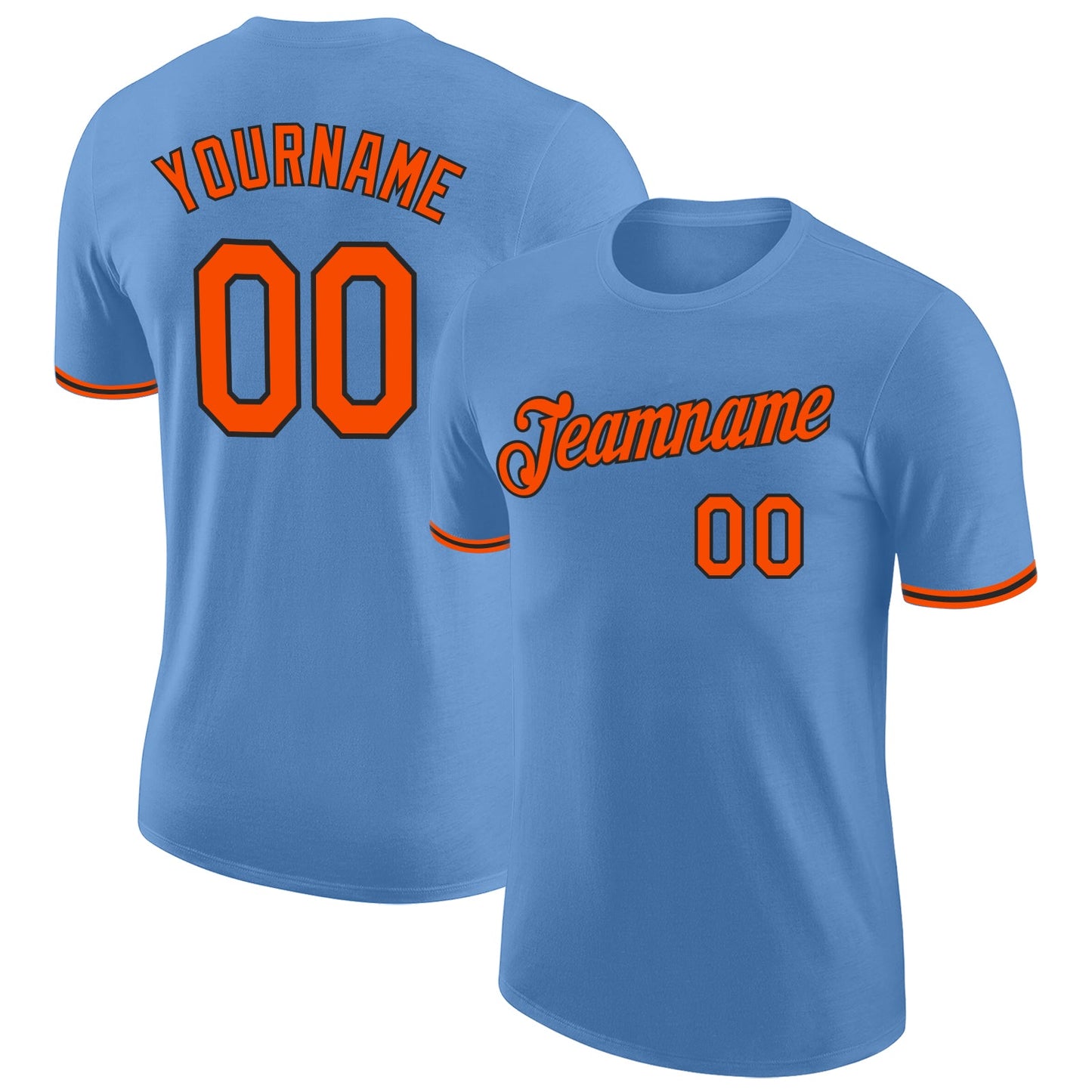 Custom Light Blue Orange-Black Performance T-Shirt - Main View