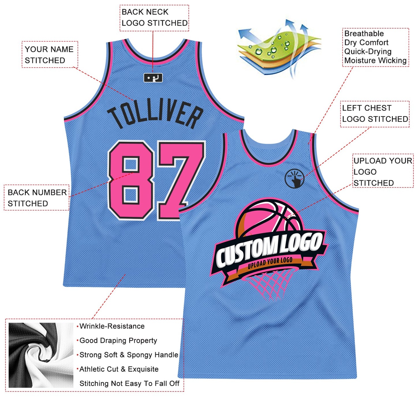 Custom Light Blue Pink-Black Authentic Throwback Basketball Jersey view 2