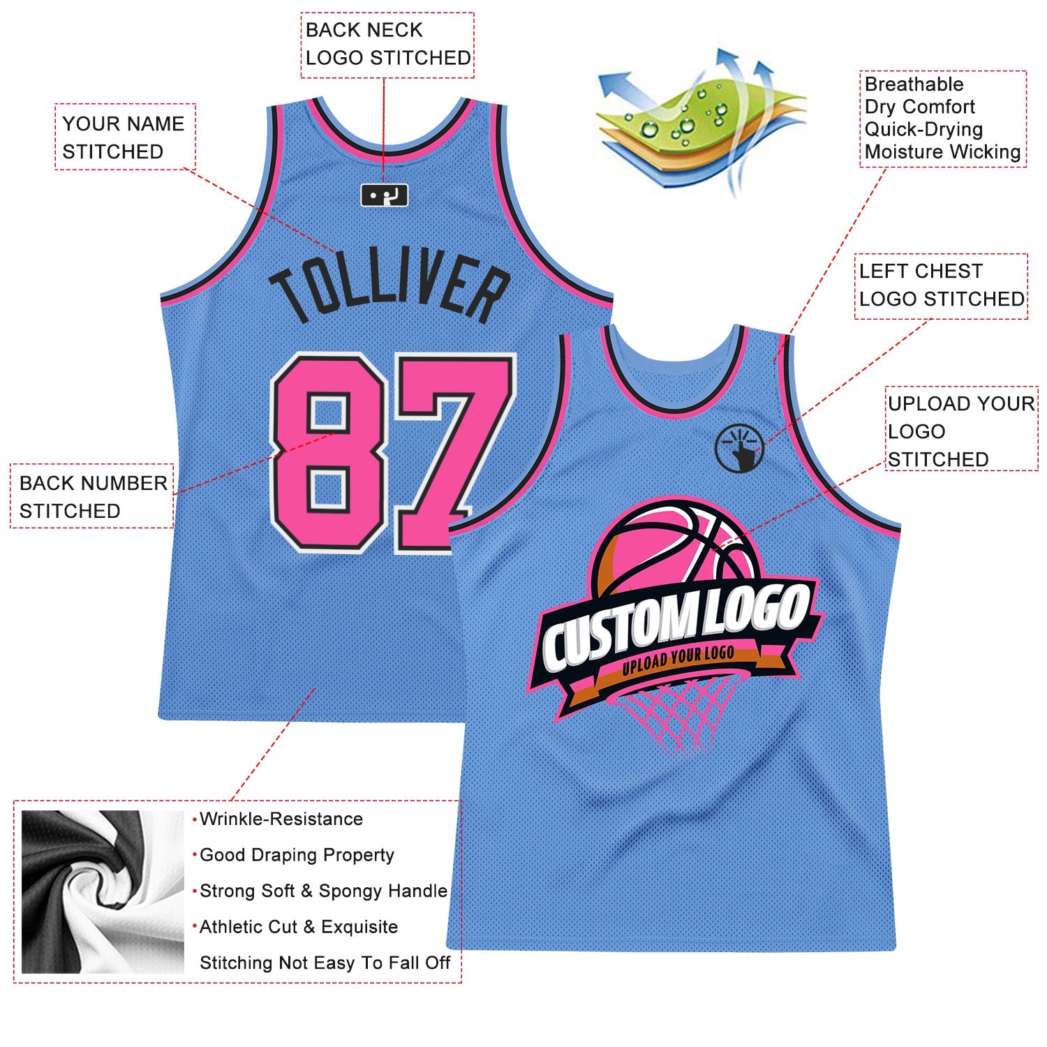 Custom Light Blue Pink-Black Authentic Throwback Basketball Jersey view 2