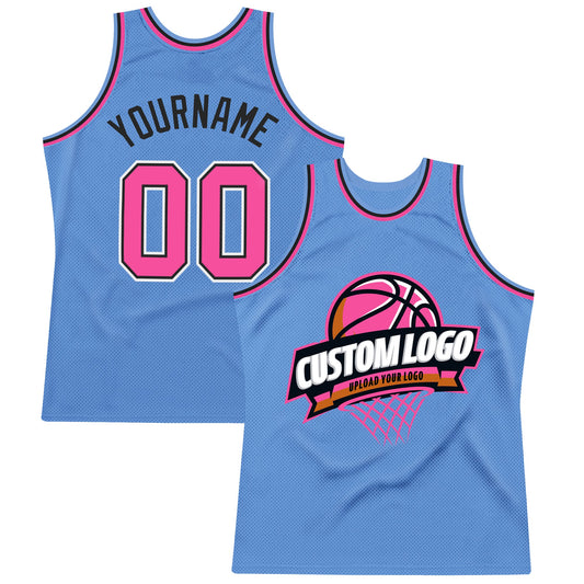 Custom Light Blue Pink-Black Authentic Throwback Basketball Jersey - Main View