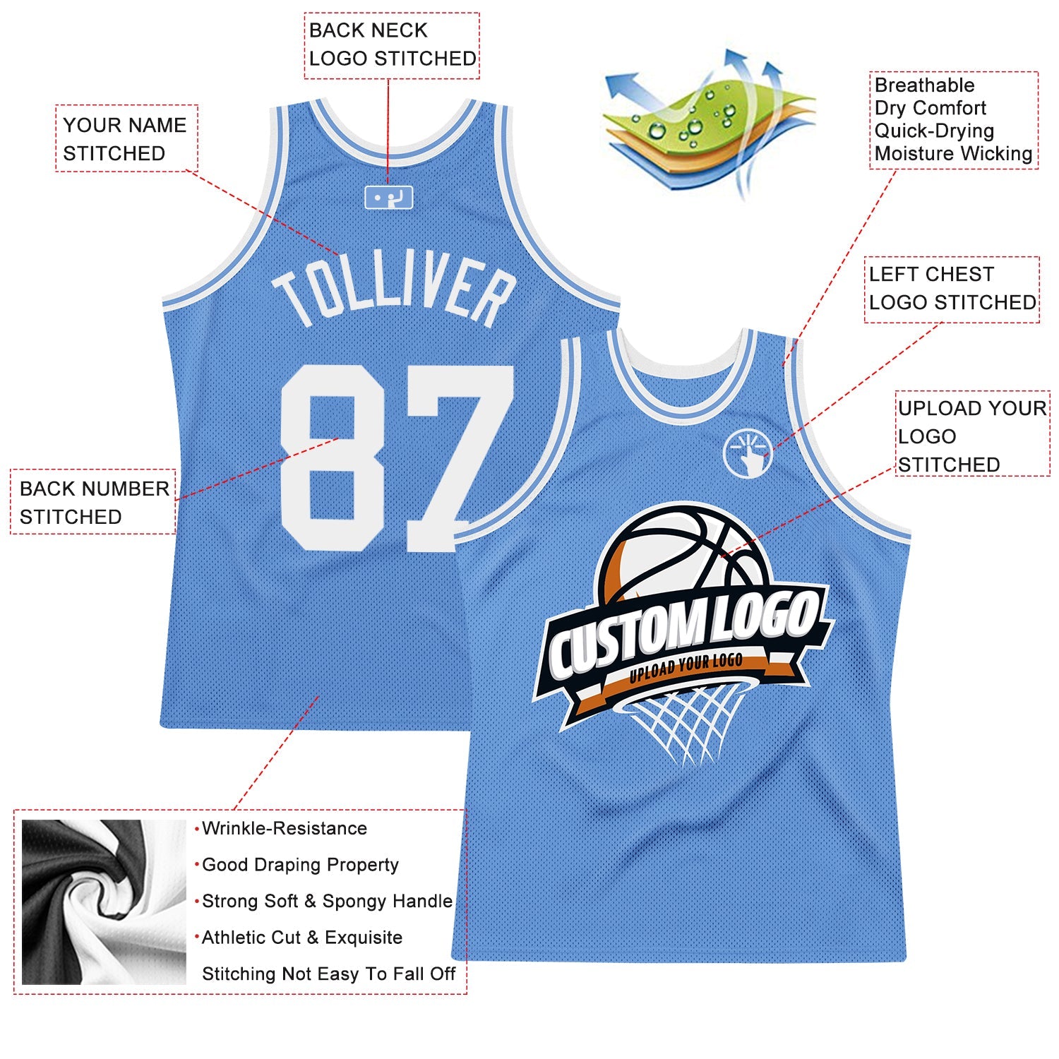 Custom Light Blue White Authentic Throwback Basketball Jersey view 2