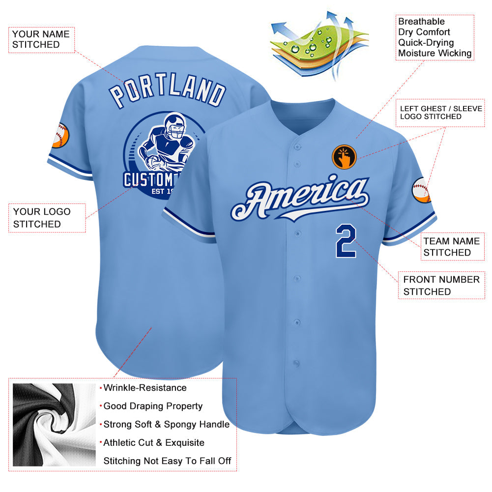 Custom Light Blue Royal-White Authentic Baseball Jersey view 3