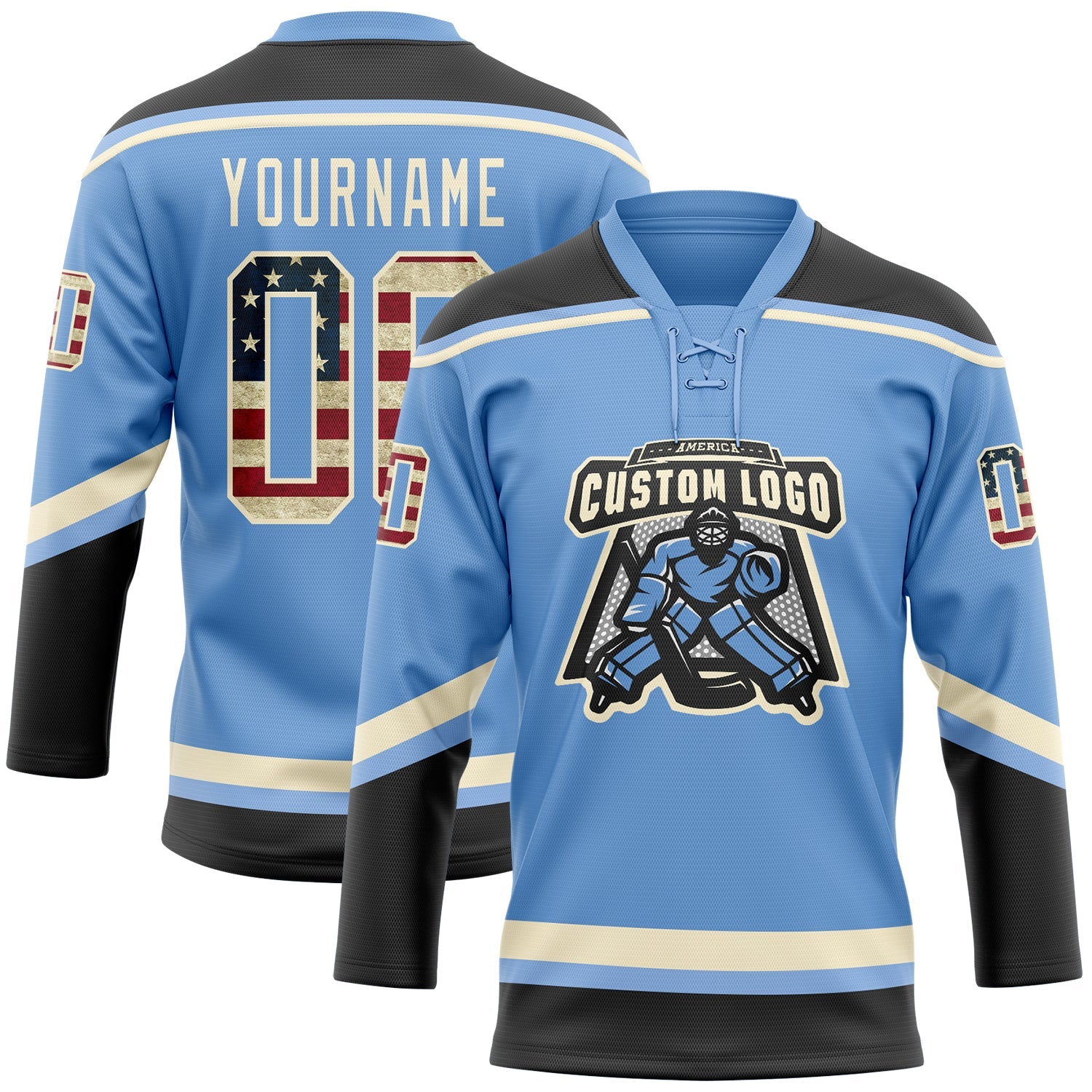 Custom Light Blue Vintage USA Flag Black-Cream Hockey Lace Neck Jersey view 2