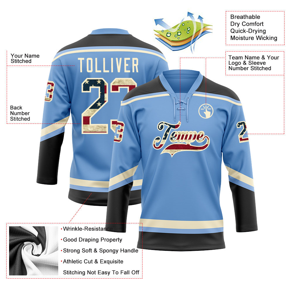 Custom Light Blue Vintage USA Flag Black-Cream Hockey Lace Neck Jersey view 3