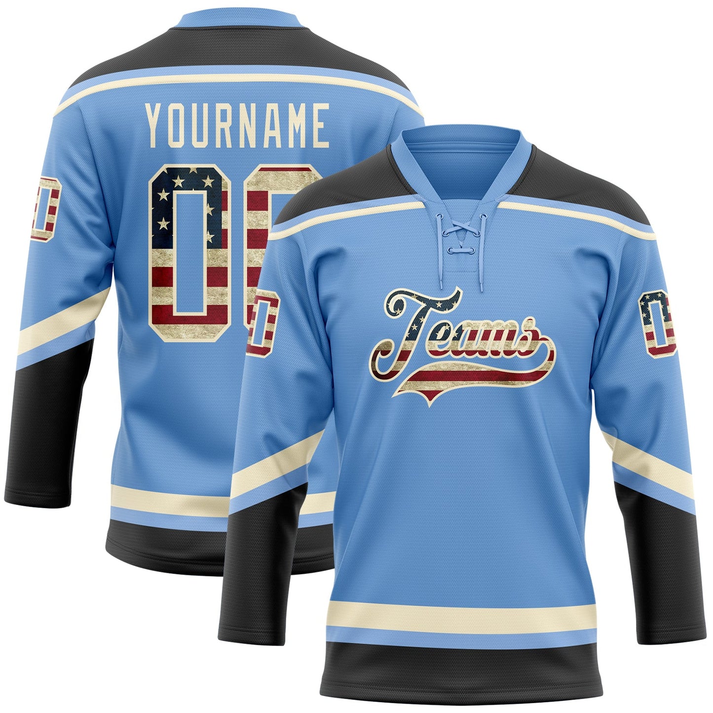Custom Light Blue Vintage USA Flag Black-Cream Hockey Lace Neck Jersey - Main View