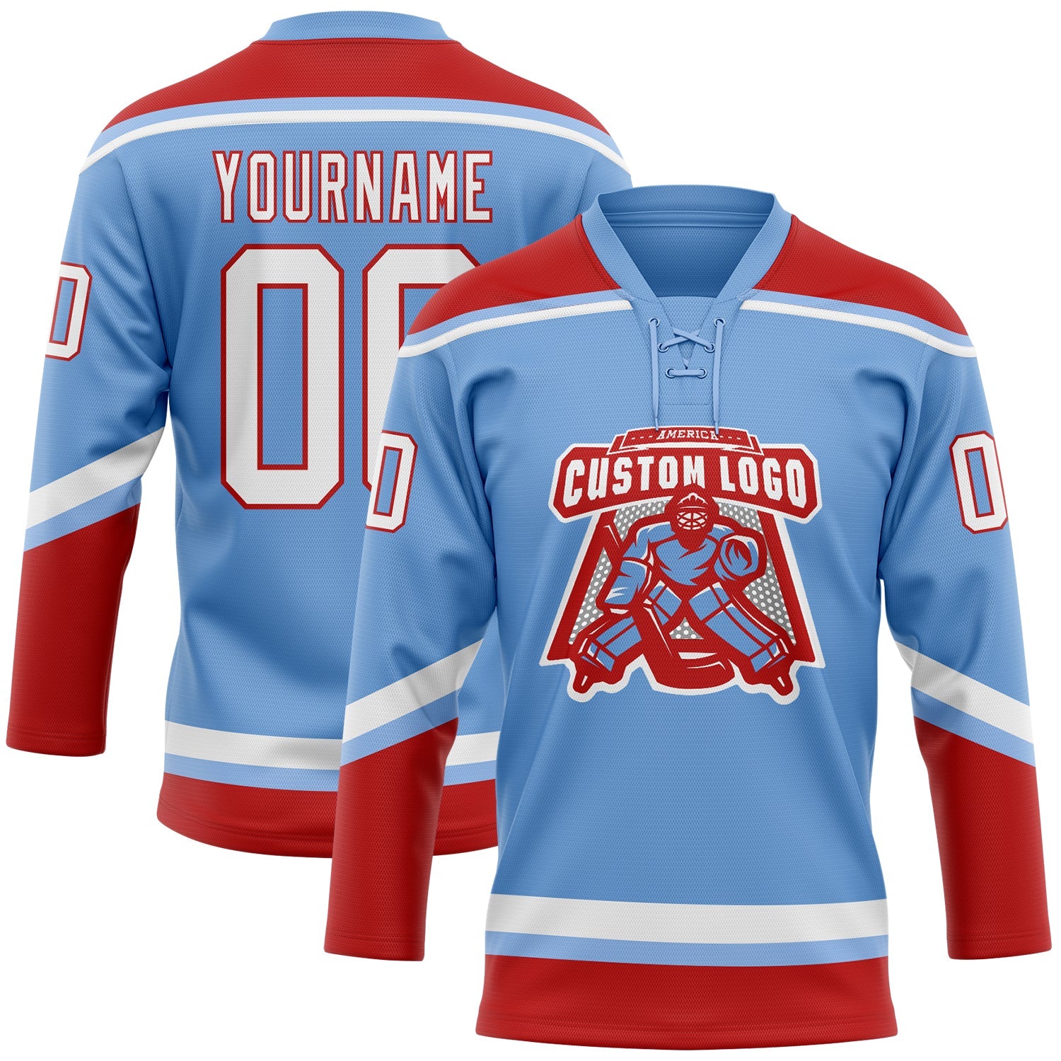 Custom Light Blue White-Red Hockey Lace Neck Jersey view 2