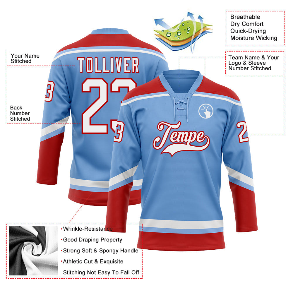 Custom Light Blue White-Red Hockey Lace Neck Jersey view 3