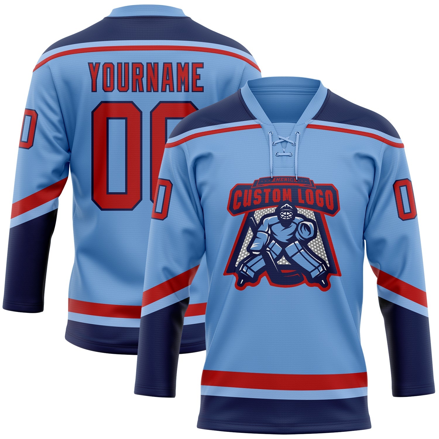 Custom Light Blue Red-Navy Hockey Lace Neck Jersey view 2