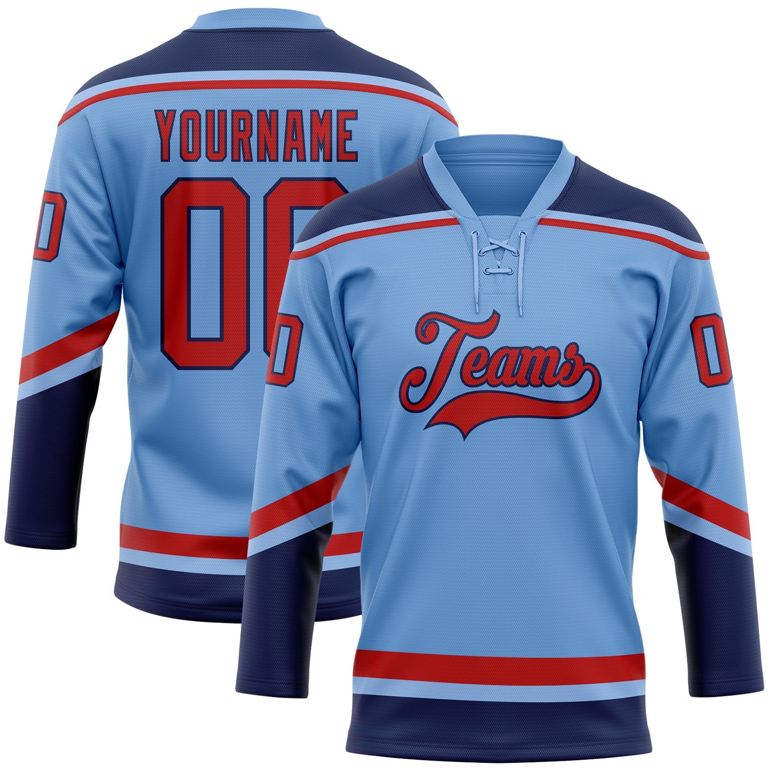Custom Light Blue Red-Navy Hockey Lace Neck Jersey - Main View