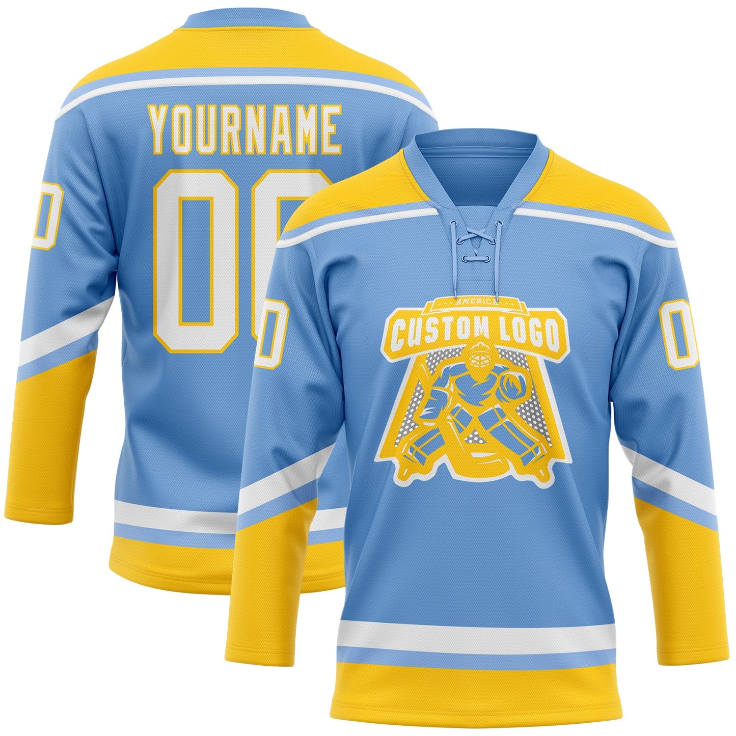Custom Light Blue White-Yellow Hockey Lace Neck Jersey view 2