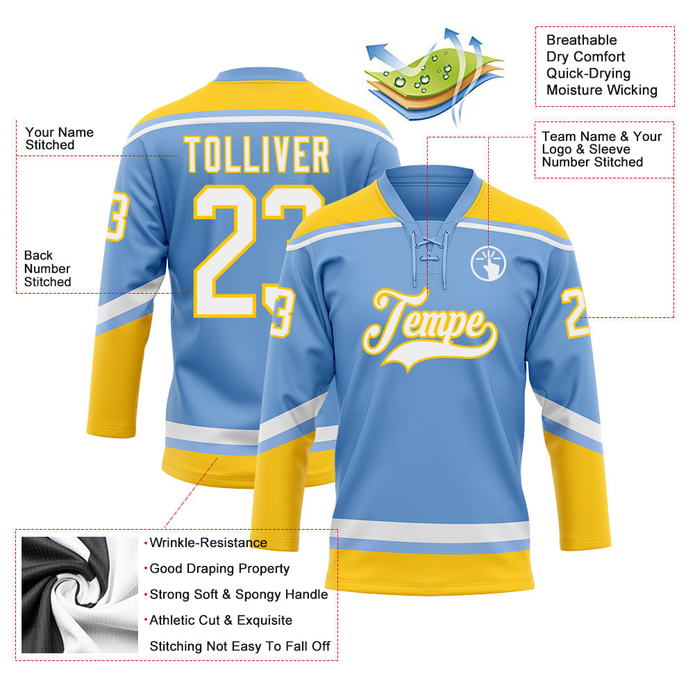Custom Light Blue White-Yellow Hockey Lace Neck Jersey view 3