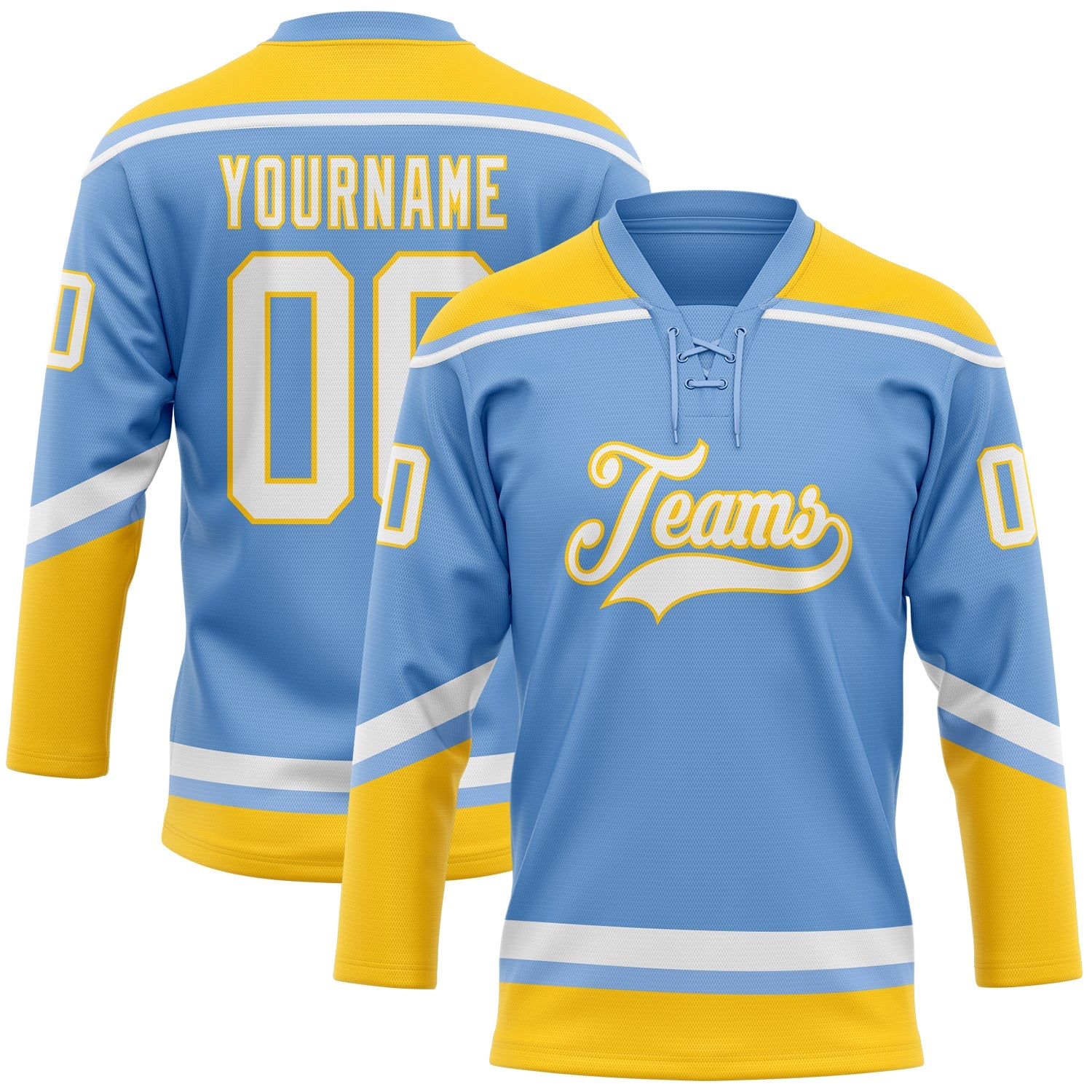 Custom Light Blue White-Yellow Hockey Lace Neck Jersey - Main View