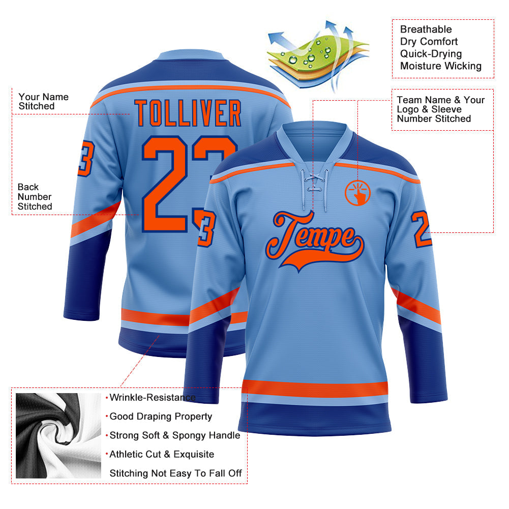 Custom Light Blue Orange-Royal Hockey Lace Neck Jersey view 3