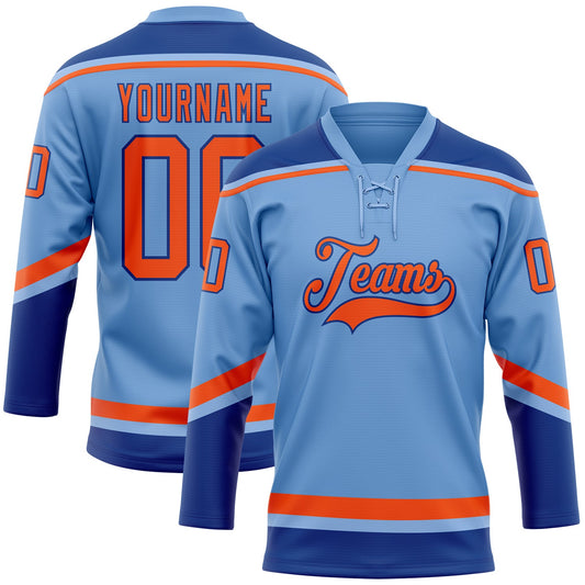 Custom Light Blue Orange-Royal Hockey Lace Neck Jersey - Main View