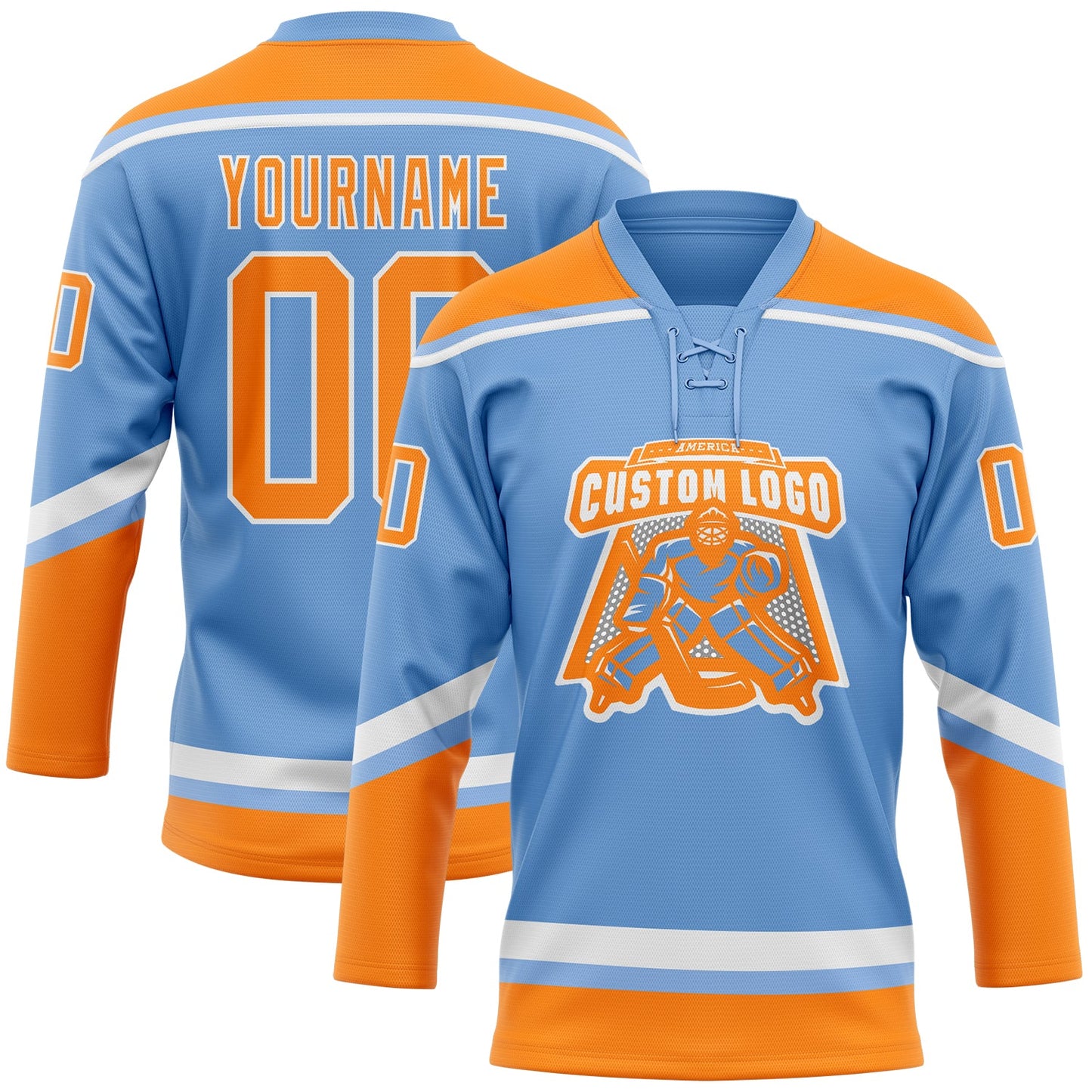 Custom Light Blue Bay Orange-White Hockey Lace Neck Jersey view 2
