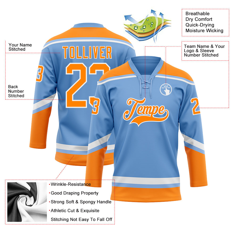 Custom Light Blue Bay Orange-White Hockey Lace Neck Jersey view 3