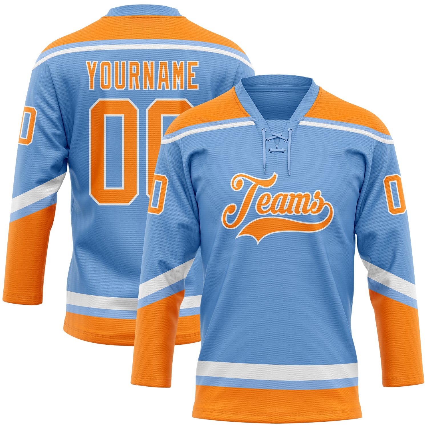 Custom Light Blue Bay Orange-White Hockey Lace Neck Jersey - Main View